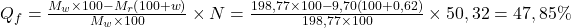  Q_{f} = \frac{M_{w} \times 100 - M_{r}\left ( 100 + w \right )}{M_{w}\times 100} \times N = \frac{198,77 \times 100 - 9,70\left ( 100 + 0,62 \right )}{198,77 \times 100} \times 50,32 = 47,85 \% 