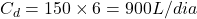  C_{d} = 150 \times 6 = 900 L/dia 