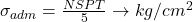  \sigma _{adm} = \frac{NSPT}{5}\to kg/cm^{2} 