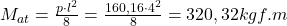 M_{at} = \frac{p\cdot l^{2}}{8} = \frac{160,16\cdot 4^{2}}{8} = 320,32 kgf.m 