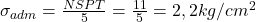  \sigma _{adm} = \frac{NSPT}{5} = \frac{11}{5} = 2,2 kg/cm^{2} 