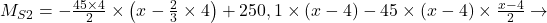  M_{S2} = - \frac{45\times 4}{2} \times \left ( x - \frac{2}{3} \times 4 \right ) + 250,1 \times (x - 4) - 45 \times (x-4) \times \frac{x-4}{2}  \rightarrow 