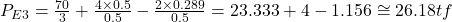  P _{E3} = \frac{70}{3} + \frac{4\times 0.5}{0.5} - \frac{2\times 0.289}{0.5} = 23.333 + 4 - 1.156 \cong 26.18 tf 