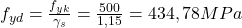 Rendered by QuickLaTeX.com  f_{yd} = \frac{f_{yk}}{\gamma_{s}} = \frac{500}{1,15}=434,78MPa