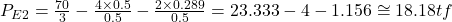  P _{E2} = \frac{70}{3} - \frac{4\times 0.5}{0.5} - \frac{2\times 0.289}{0.5} = 23.333 - 4 - 1.156 \cong 18.18 tf 