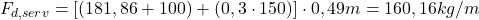  F_{d,serv} = \left [ \left ( 181,86 + 100 \right ) + \left ( 0,3 \cdot 150 \right ) \right ]\cdot 0,49m = 160,16 kg/m 